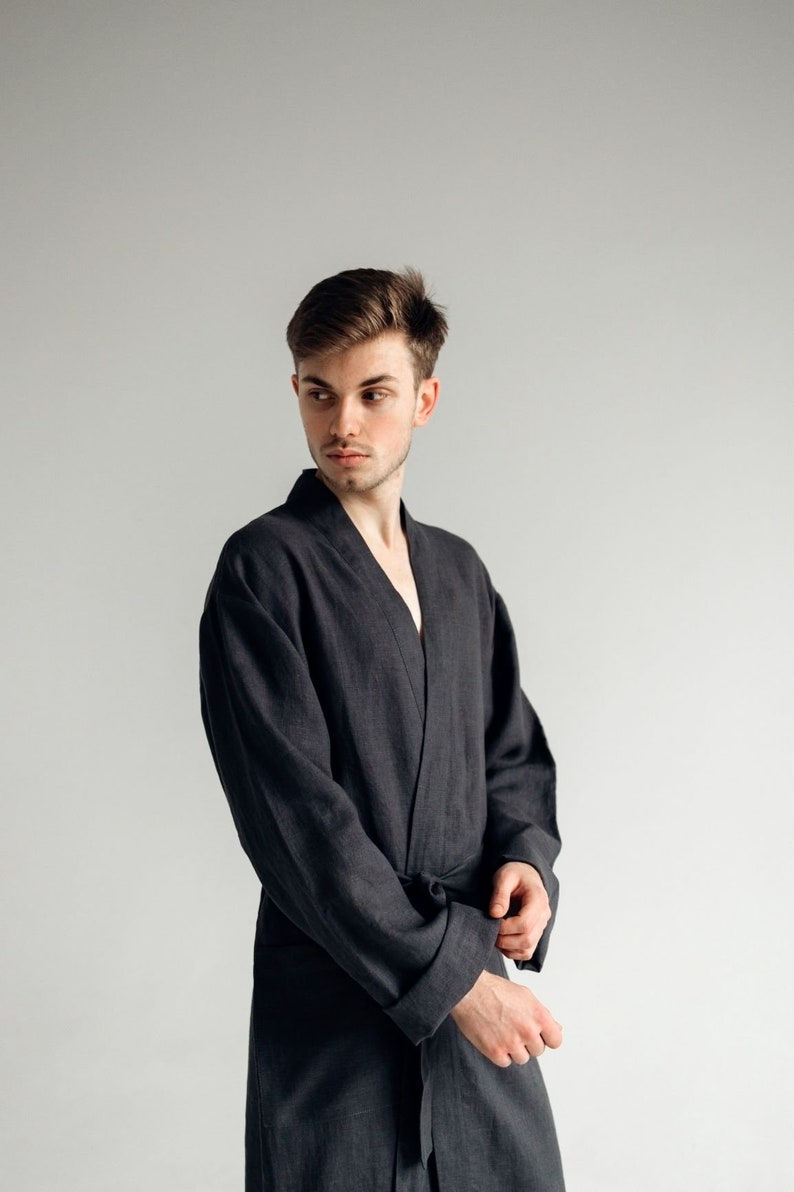 Men's linen robe Natural lounge home wear flax bathrobe comfy nightwear flax clothes grey graphite robe Spa bathrobe Linen dressing gown image 3