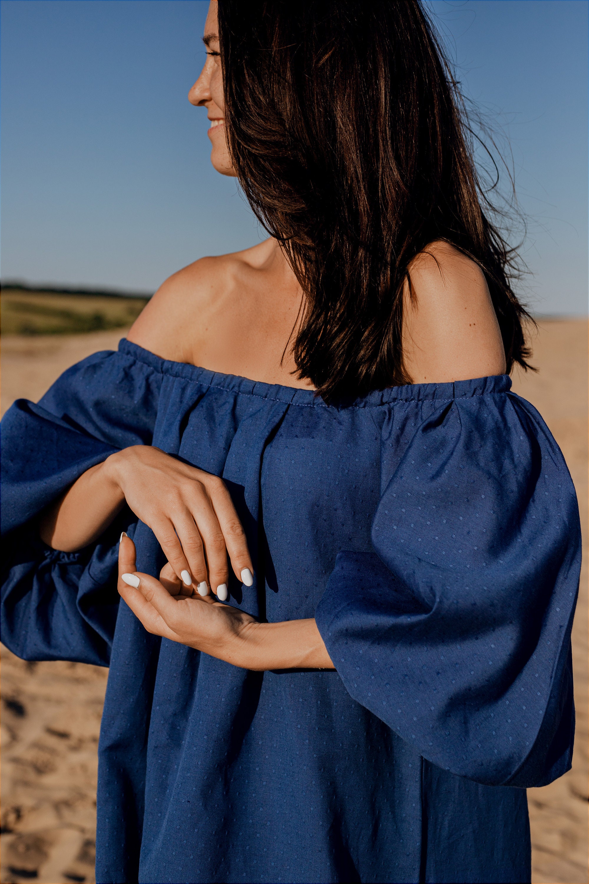 Summer outfit Off shoulder dress Blue dress Boho goddess maxi Western country festival  Romantic prom dress Cottage core Balloon sleeves