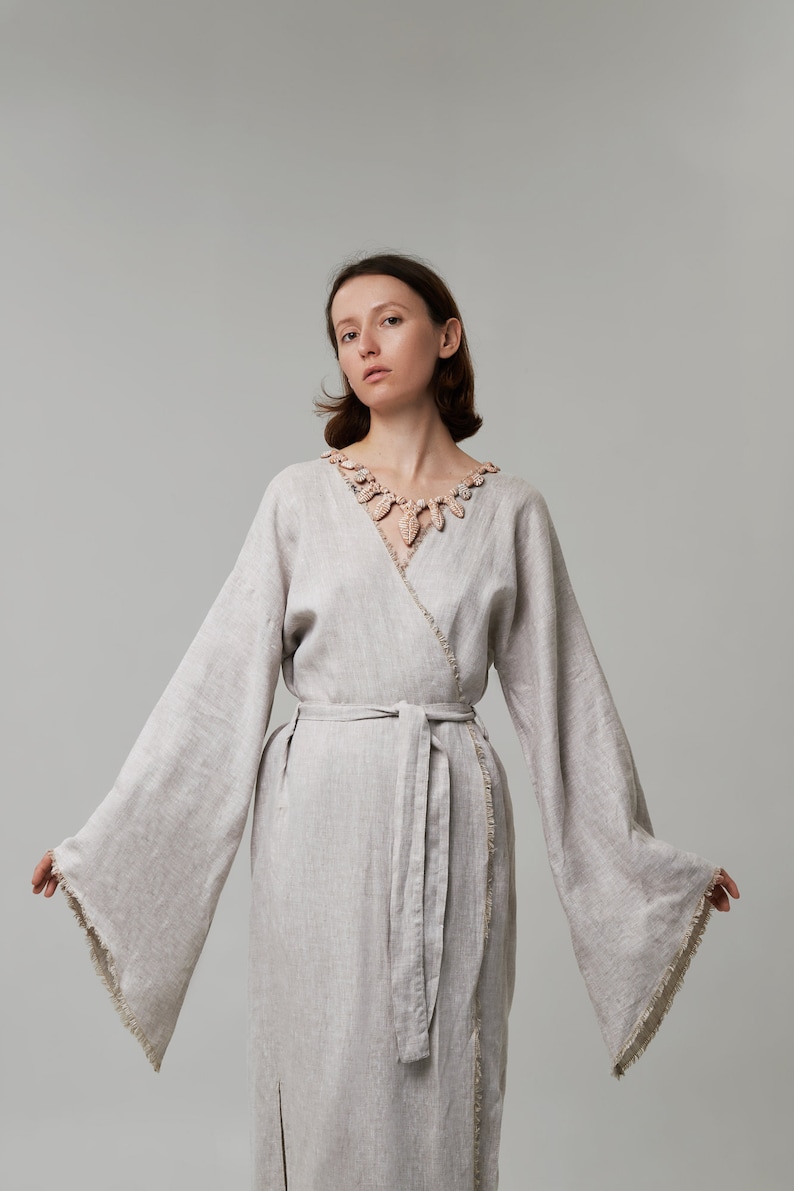 Frayed Robe Linen Robe Kimono With Belt Wrap Dress Linen Summer Dress Women Organic ...