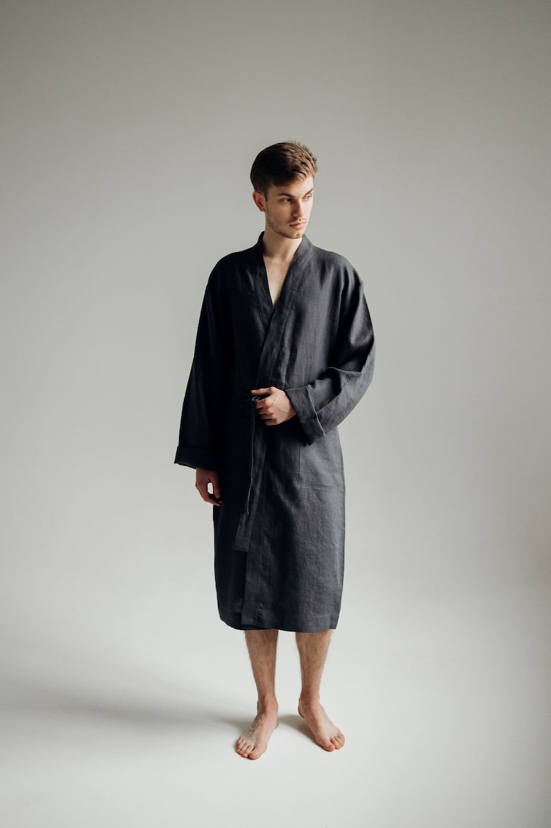 Men's linen robe Natural lounge home wear flax bathrobe comfy nightwear flax clothes grey graphite robe Spa bathrobe Linen dressing gown image 1