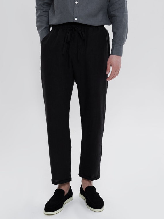 Natural Linen Pants Men Casual Style Black Flax Trousers With