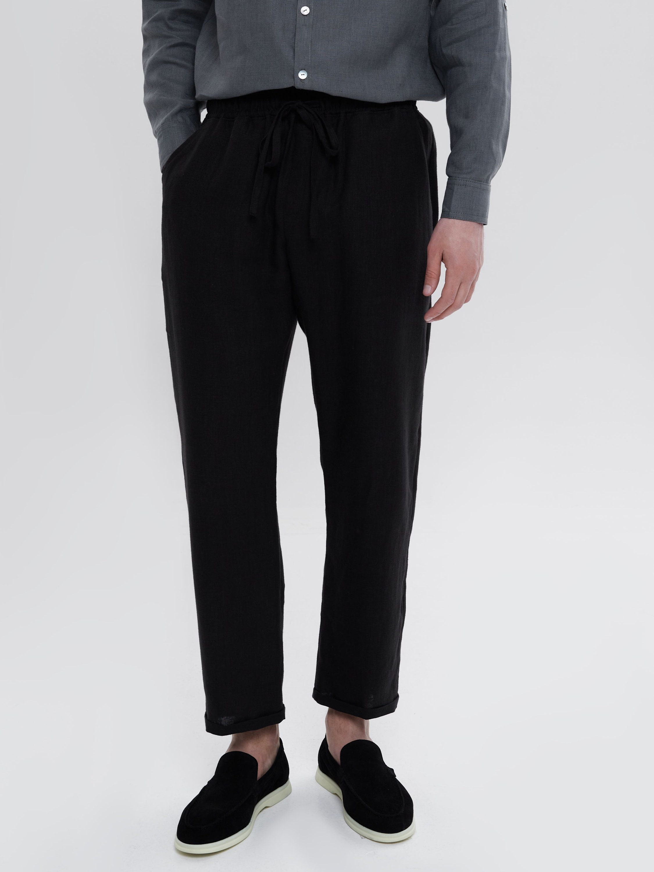 Natural Linen Pants Men Casual Style Black Flax Trousers With