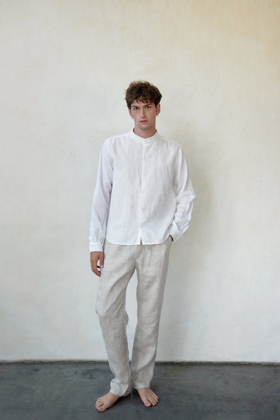 Natural Linen Pants Men Casual Style Unbleached Flax Trousers With