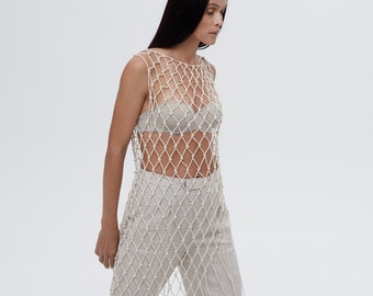 Сhainmail midi dress from cotton cord - Sleeveless net dress - Knitted net top women - See-through dress natural beige color