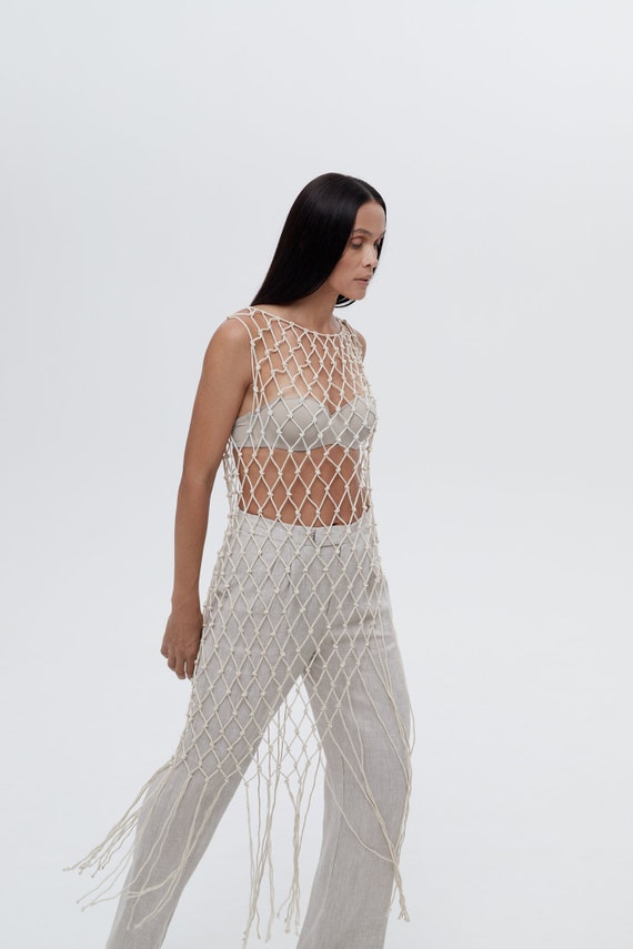 hainmail Midi Dress from Cotton Cord - Sleeveless Net Dress - Knitted Net Top Women - See-Through Dress Natural Beige Color