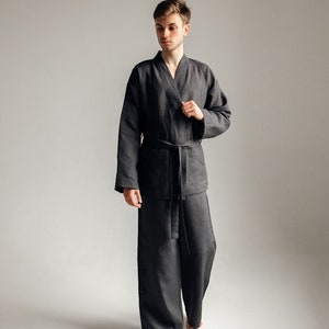 Men linen pajama Kimono Japanese style Long sleeve linen shirt Lounge pants Organic sleepwear Natural fabric home wear Grey men kimono set image 2