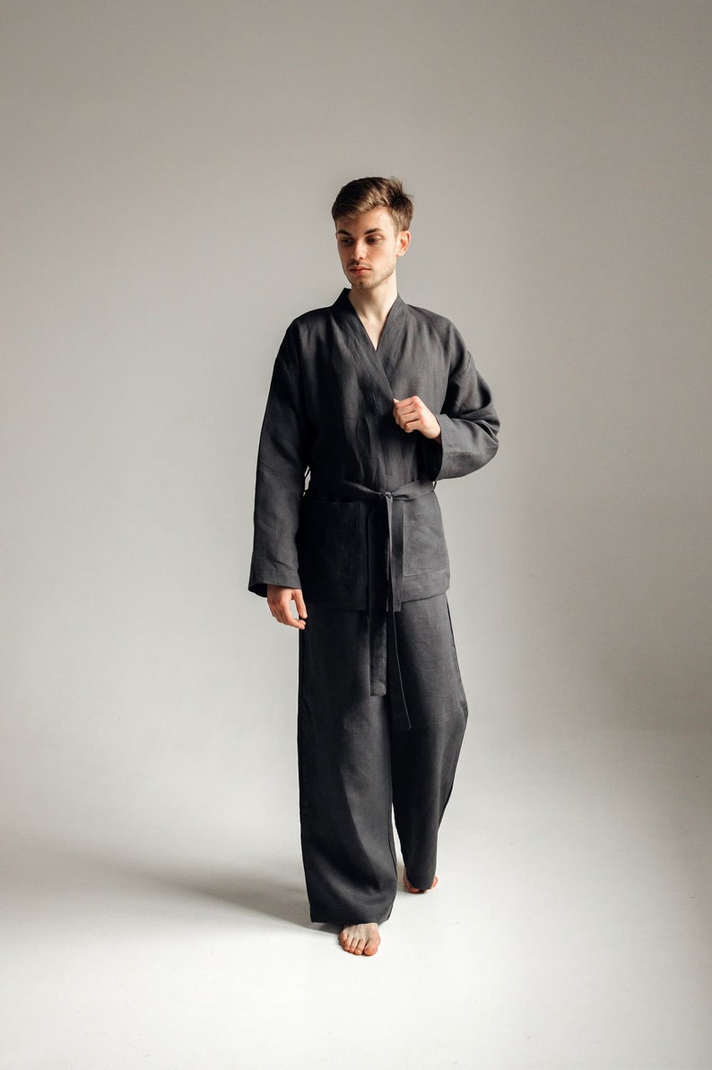 Men linen pajama Kimono Japanese style Long sleeve linen shirt Lounge pants Organic sleepwear Natural fabric home wear Grey men kimono set image 2