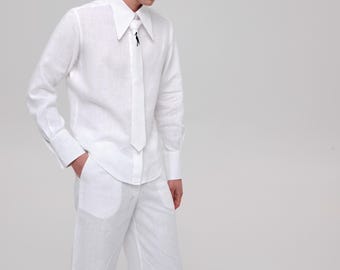 Herren Leinenhemd und Hosen-Set - Weißes Silhouette-Hemd mit verlängertem Kragen und mittelhoher Hose mit weitem Bein - entspannte Passform - 100% Leinen