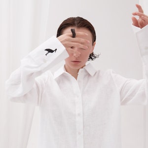 Linen white shirt Women linen blouse Embroidered bird long sleeve office shirt  Flax clothes Coastal grandmother style Minimalist milk shirt