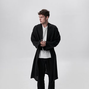 Roupas de outono - Haori de linho masculino - Cardigan japonês Casaco masculino de linho Tecido natural preto Cor ecológica Casaco masculino étnico Jaqueta confortável Presente para homens