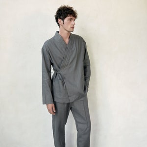 Japanese style men's linen kimono set Natural fabric lounge home wear flax comfy clothes grey graphite Spa pajama Relaxed fit pants shirt image 6