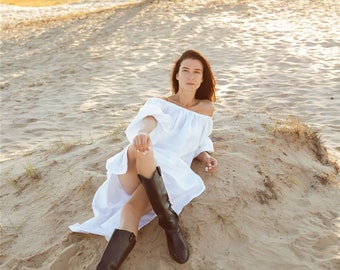 Vestido de lino fuera del hombro Vestido maxi de ajuste suelto blanco Mangas abullonadas vestido de verano Mujeres de gran tamaño túnica boho Resort chic traje elegante lino
