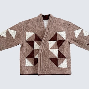 Unique Linen Kimono Coat - Ethnic Quilted Jacket with Patchwork Geometry Design - Kyiv Mosaic Collection