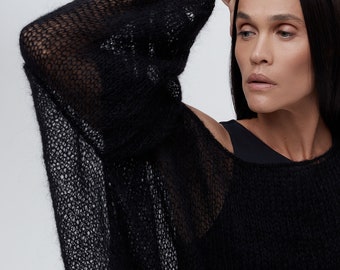 Stylishly Sheer: See-through Short Pullover, Black Mohair Jumper for Women