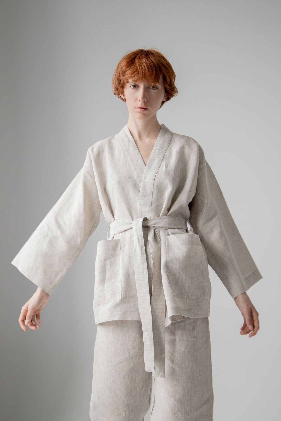 Linen Elegant Set Flax Kimono and Pants Flax Comfortable Suit Etsy