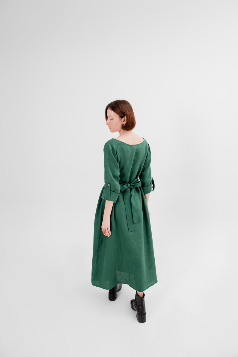 Linen dress midi Long sleeve dress Green linen dress, Plus size Custom made Oversized linen dress natural chic earthy tones resort outfit image 7