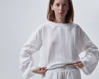 White linen top women - Oversized linen long sleeve shirt - Flax sweatshirt - Eco clothes Relaxed fit - Home lounge wear