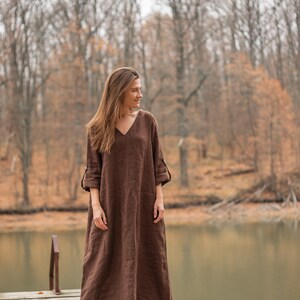 Chocolate linen dress Long sleeves dress with belt Street style linen dress Plus size linen dress Transformed dress Luxury Eco Linen Organic image 4