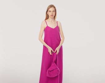 Romantic Linen Maxi Dress Set for Her: Ideal Gift for girl, wife, sister - Fuchsia Sundress with knot bag