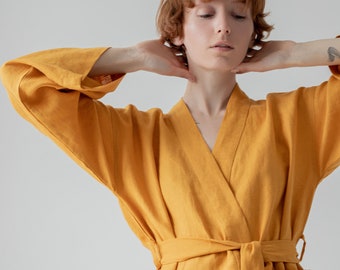 Yellow Linen Suit - Elegant Kimono Set with Long Sleeve Shirt and Wide Leg Pants - Comfortable Relaxed Fit Women&#39;s Set with Customization
