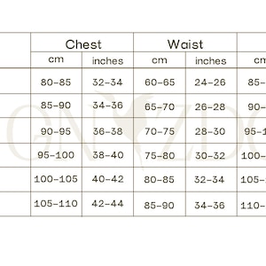 May include: Size chart with measurements in inches and centimeters for chest, waist, and hip. Sizes include XS, S, M, L, XL, and XXL.