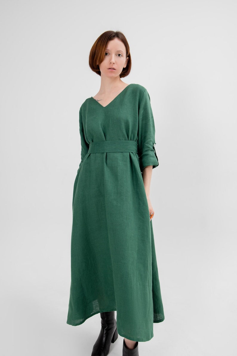 Linen dress midi Long sleeve dress Green linen dress, Plus size Custom made Oversized linen dress natural chic earthy tones resort outfit image 2