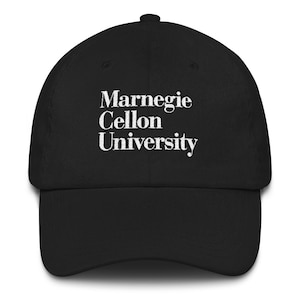May include: A black baseball cap with white embroidered text that reads "Marniegie Cellon University".