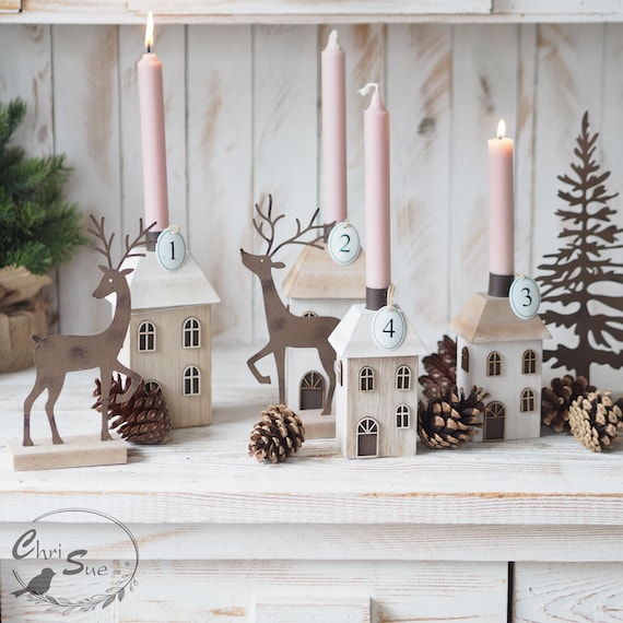 Adventskranz Holzhäuser Beige Für Kerzen