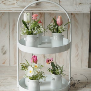 Deko Frühling mit Frühlingsblumen 6 Vasen + Etagere