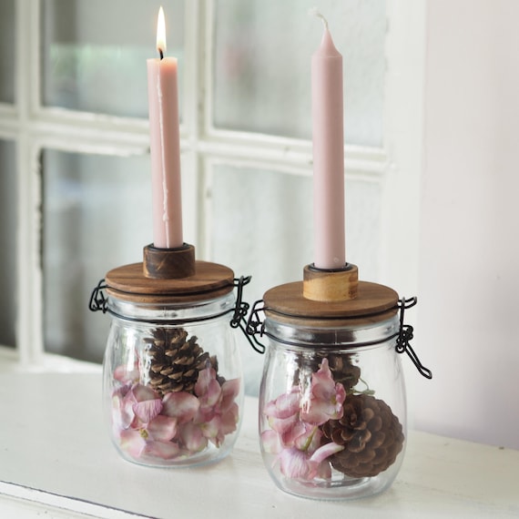 Weckglas mit Holzdeckel und Kerzenhalter – Glas Deko im Landhausstil – Vorratsglas mit Deckel – Boho Deko – Tischdeko – Geschenkidee