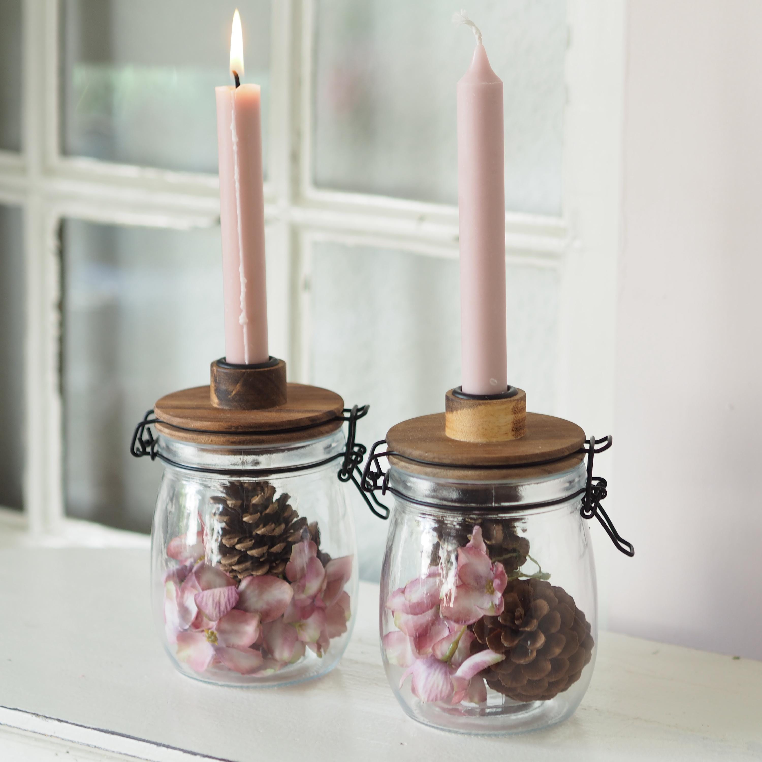 Weckglas mit Holzdeckel und Kerzenhalter – Glas Deko im Landhausstil – Vorratsglas mit Deckel – Boho Deko – Tischdeko – Geschenkidee