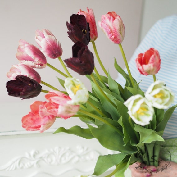 Papageientulpen Kunstblumen 60 Cm – Künstliche Tulpen – Seidenblumen – Tulpenzweig Für Vase – Fransenblüten – Frühlingsdeko – 1 Stück