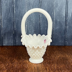 Vintage Fenton Milk Glass 6&quot; Flower Basket Crimped Hobnail w/ Original Fenton Sticker