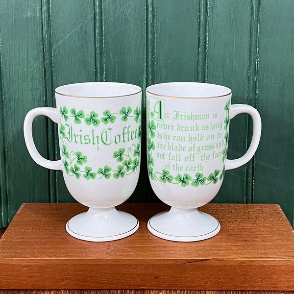 Pair of Vintage "Irish Coffee" White Pedestal Mugs with Humorous Irish Proverb