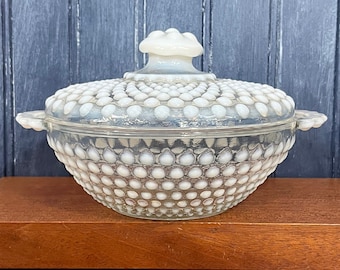 Vintage Fenton Hobnail Opalescent Moonstone Covered Candy Dish Bowl with Lid and Handles -  7.5&quot;