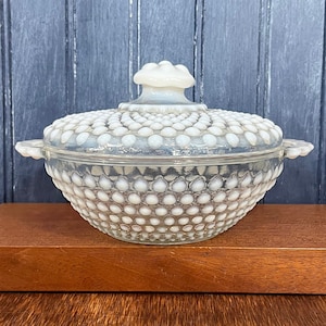 Vintage Fenton Hobnail Opalescent Moonstone Covered Candy Dish Bowl with Lid and Handles -  7.5&quot;
