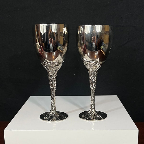 Set of 2 Vintage Godinger Silver Plated Wine Goblets - Grape Vine Stem - Wedding Day or Anniversary Toast