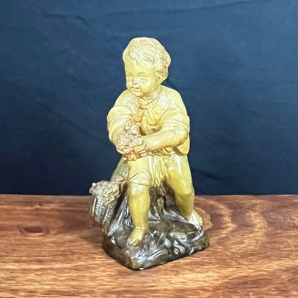 Vintage Borghese Chalkware Boy with Flowers Figure-  9" and Signed