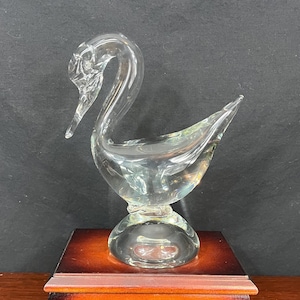 Vintage MCM Heavy Glass Art Swan Figurine - Clear Round Pedestal Base - 8&quot;