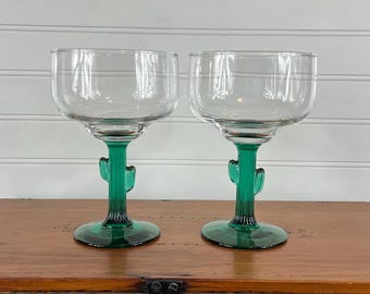 Vintage Libbey Cactus Margarita Glasses – Set of 2 Green Stem Southwestern Barware