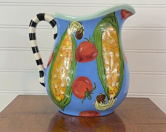 Droll Designs Hand Painted Pitcher – Corn & Tomato Motif, Blue Folk Art Pottery, Striped Handle Farmhouse Vase
