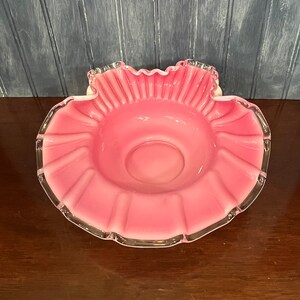Vintage Fenton Pink and White Ruffled Edged Milk Glass Bowl - Mid Century Silver Crest Pink Centerpiece Bowl