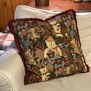 Vintage Tapestry Teddy Bear Pillow with Burgundy Fringe - Perfect for Nursery, Child&#39;s Room or Teddy Bear Enthusiast - 20&quot;