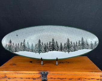 Annieglass Winter Oblong Tray – 16.5" Coke Bottle Green Glass with Snowy Trees & North Star – Signed Studio Art Glass - Holiday Decor