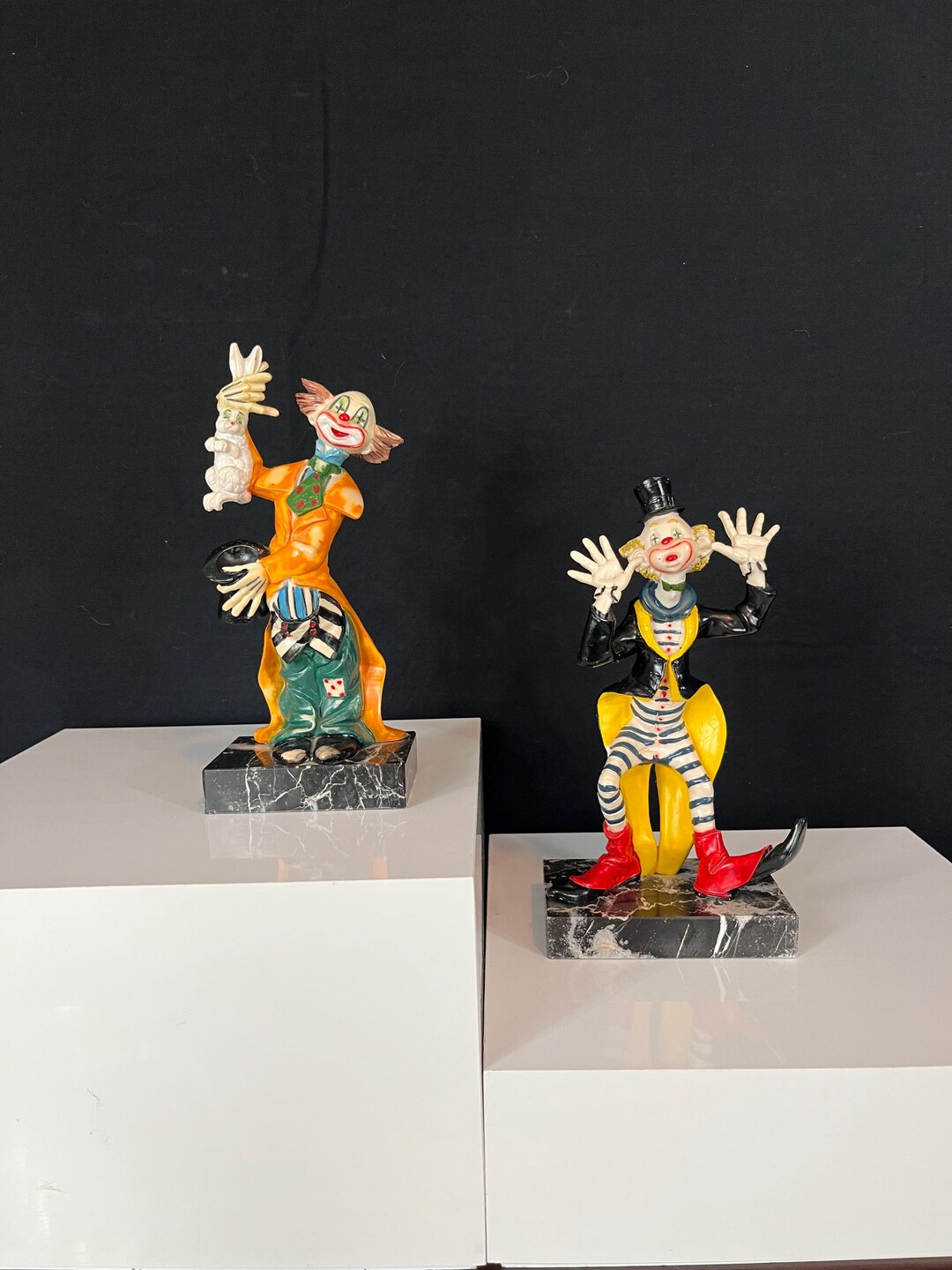 Vintage Italian Clown Figurines on Carrara Marble Handpainted Resin
