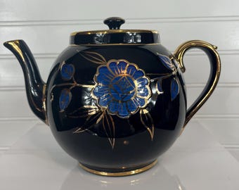 Vintage Gibson Staffordshire Black Teapot – Floral Gilt Design, English Style Transferware, Elegant Tea Service