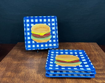 Set of 4 Nantucket Home Blue Gingham Check Cheesburger Themed Square Plates -  8" x 8"