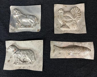 Antique or Vintage Tin Chocolate Molds – Fish, Turkey, Dog and Horse - Early 20th Century One-Sided Pressed Molds