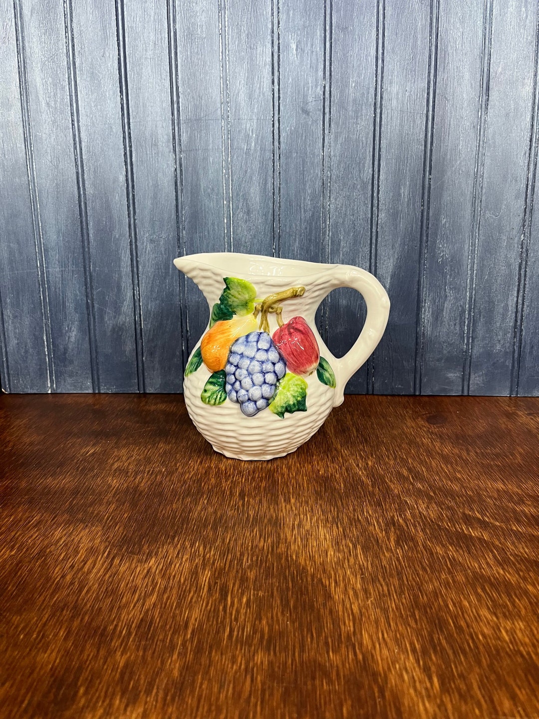 Vintage Ceramic Basket Weave With Fruit Motif Pitcher Apple, Pear and