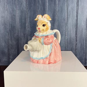 Vintage Heritage Mint Bunny Teapot – Figural Rabbit in Pink Dress with Bow, Whimsical Decorative Collectible